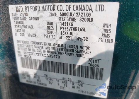 1999 Ford F-150 Work Series/Xl/Xlt из США, поврежденный, VIN 2FTZX1722XCA35478